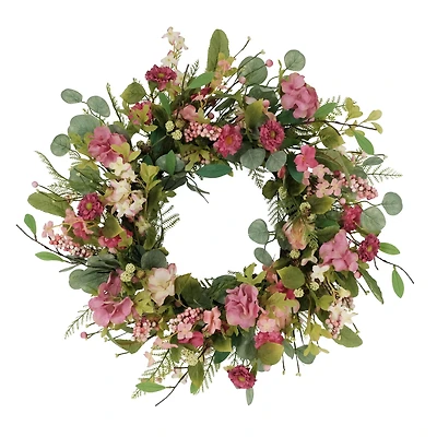 24" Pink Mum & Hydrangea Floral Spring Wreath