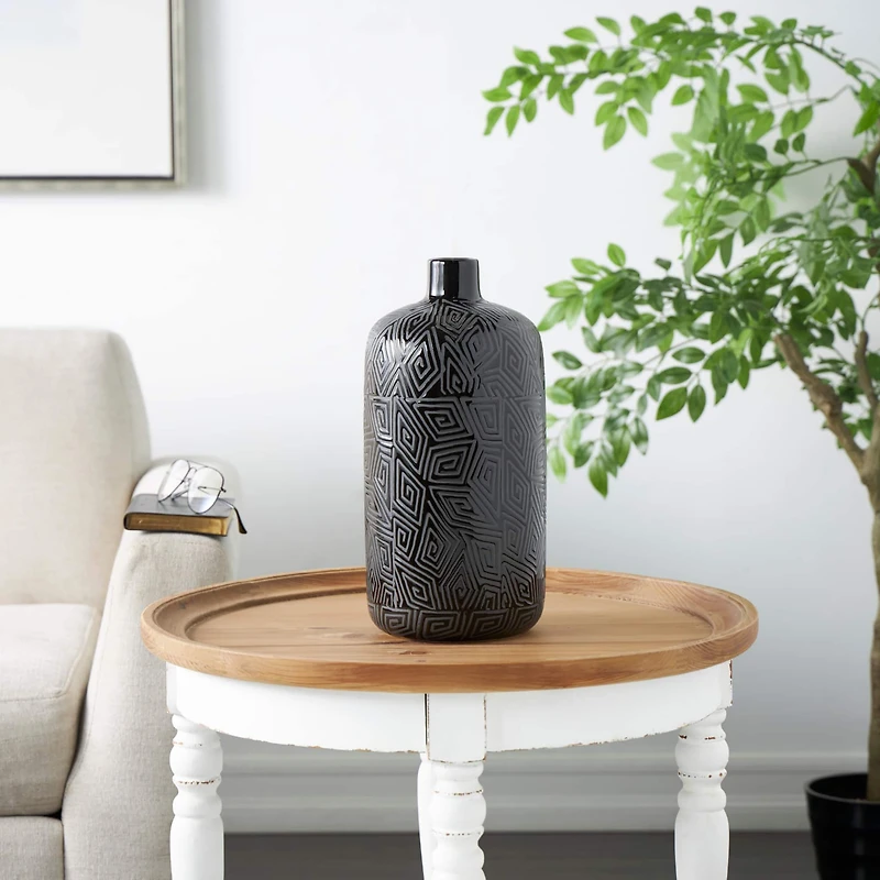 15" Black Geometric Etched Ceramic Vase