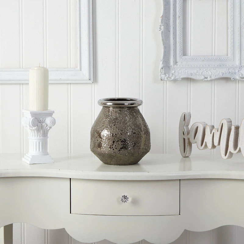 9.5" Textured Bronze Vase with Silver Rim