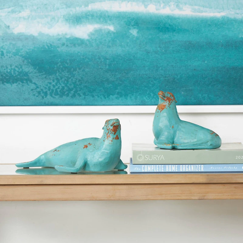 Teal Polystone Distressed Sea Lion Sculpture Set
