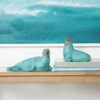 Teal Polystone Distressed Sea Lion Sculpture Set