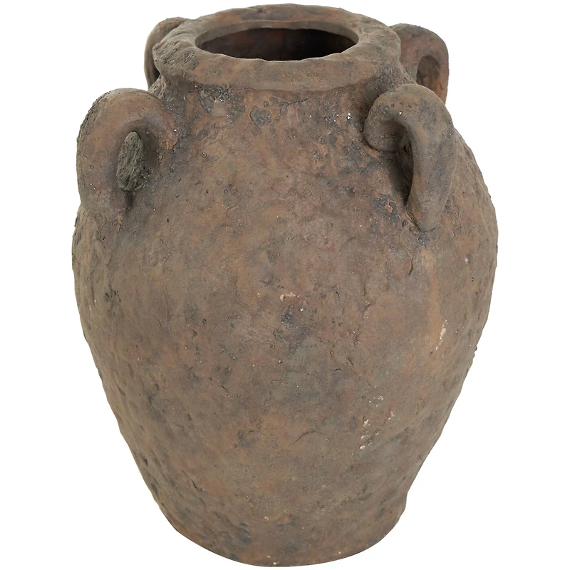 12" Dark Brown Ceramic Handmade Textured Vase with 4 Handles