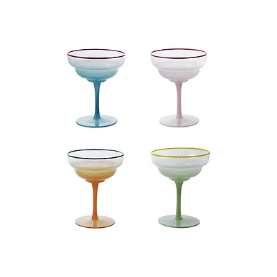 Hello Honey 4-Piece Fluted Stemmed Coupe Glass with Colored Rim, Multicolor
