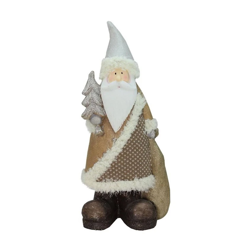 18.5" Brown & White Santa Holding Christmas Tree Tabletop Figurine
