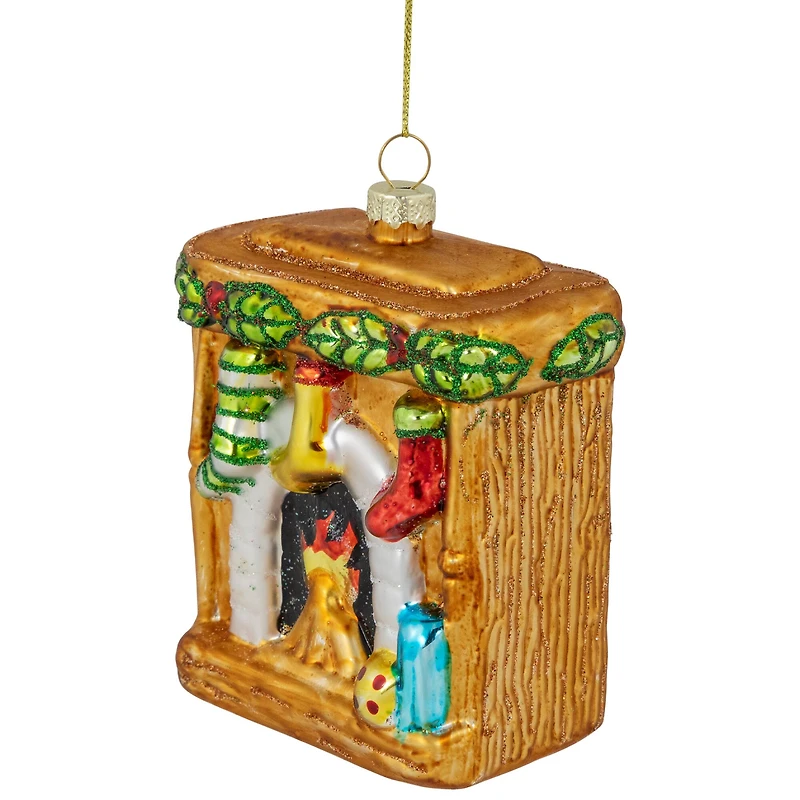 4" Bronze Glittered Fireplace Glass Christmas Hanging Ornament