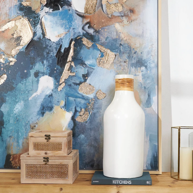 20" White Ceramic Vase with Wrapped Rattan Detailing