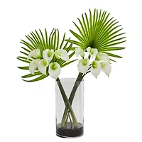 2.2ft. Calla Lily & Fan Palm Artificial Arrangement in Cylinder Glass Vase
