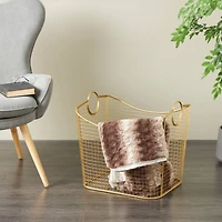 20" Gold Metal Storage Basket with Curved Sides & Ring Handles