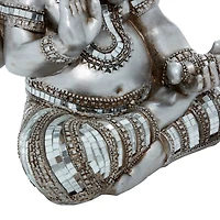 12" Silver Polystone Ganesh Meditating Sculpture