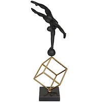 17" Black Marble Gymnast Sculpture with Gold Cube Base