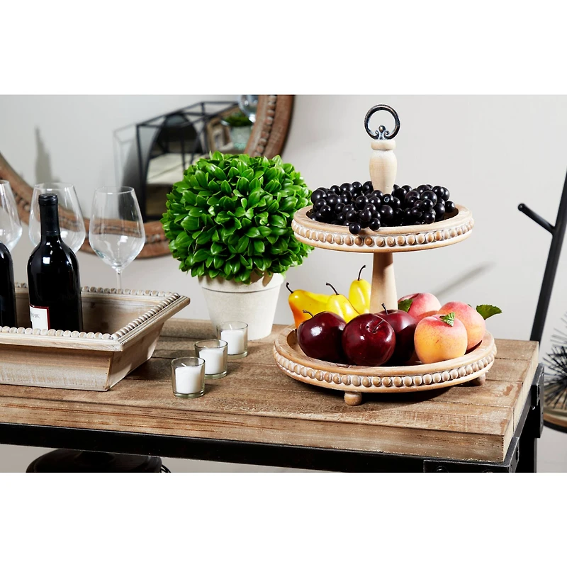 Light Brown Wood Natural 2 Tier Tray Stand