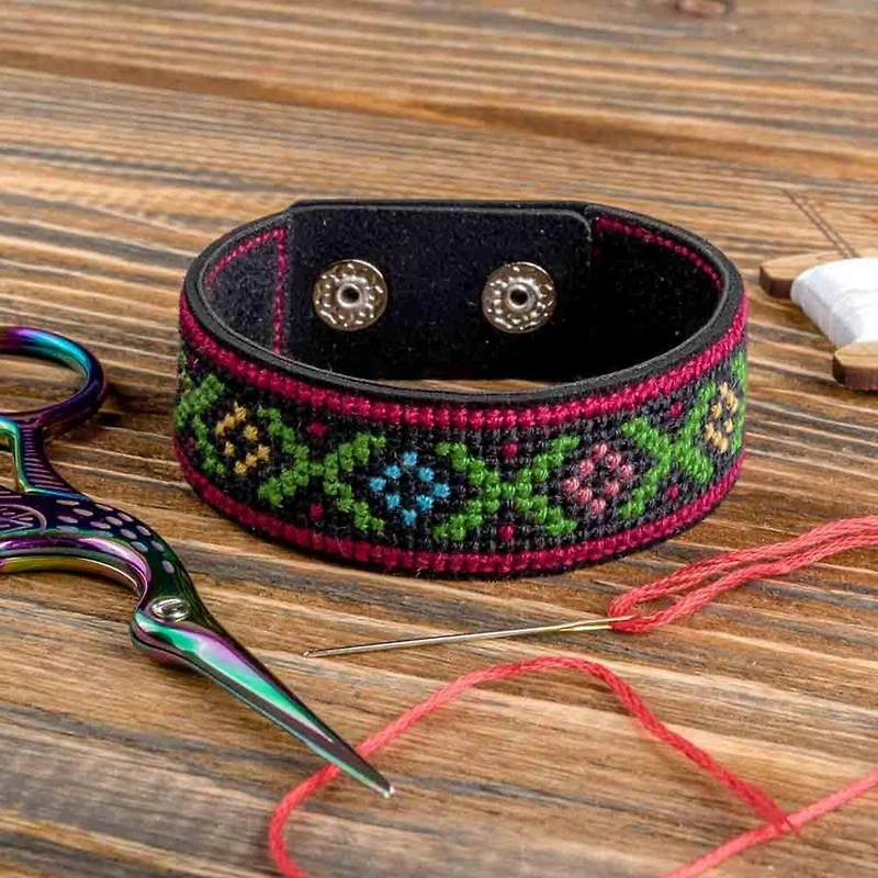 Wonderland Crafts Red & Green Artificial Leather Cross Stitch Bracelet Kit