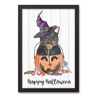 Black Cat Candy Jack-O-Lantern Black Framed Canvas Wall Art