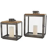 Dark Gray Brushed & Wood Top Rectangular Candle Lantern Set