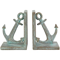 8.5" Blue Polystone Anchor Distressed Patina Bookends with Gold Foil Accents Set