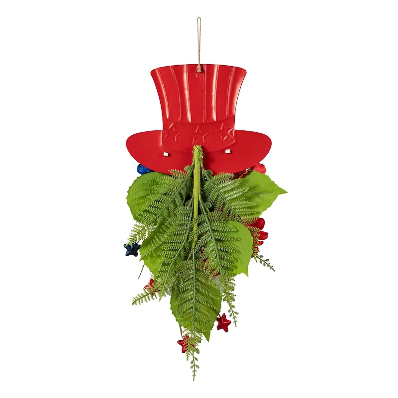 Glitzhome® 22.5" Patriotic Americana Metal Top Hat & Hydrangea Swag Wall Décor