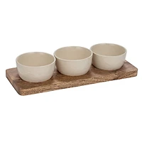 Hello Honey® Cream Stoneware Bowls & Natural Mango Wood Tray Set