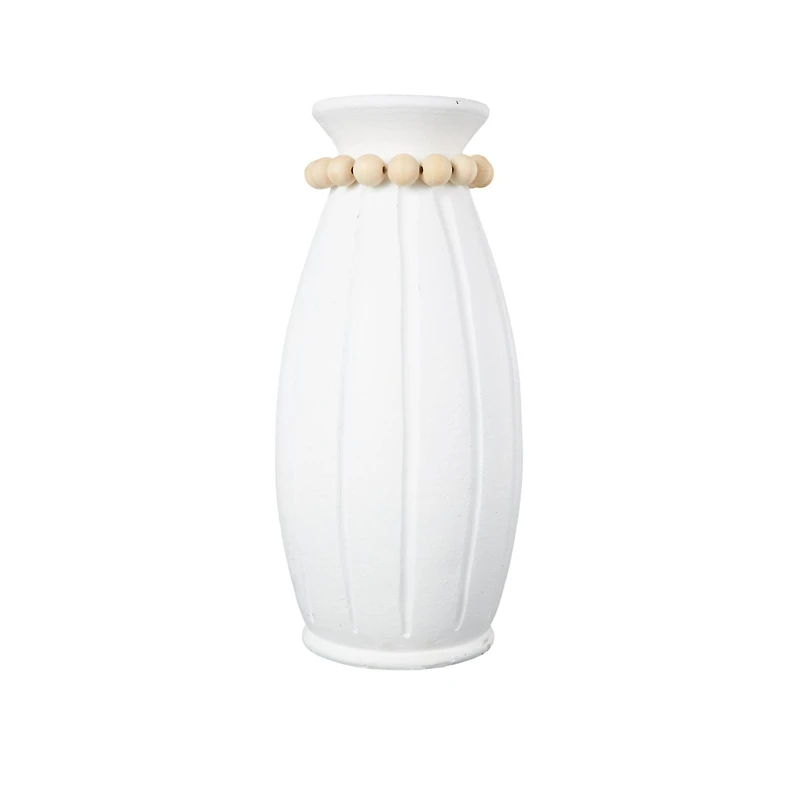 20" White Magnesium Oxide Decorative Vase with Light Brown Beads & Carved Grooves