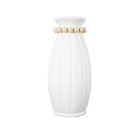 20" White Magnesium Oxide Decorative Vase with Light Brown Beads & Carved Grooves