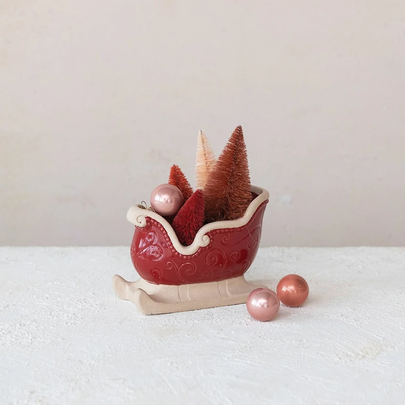 Hello Honey® 6.25" Unglazed & Red Debossed Scrollwork Stoneware Sleigh
