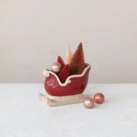 Hello Honey® 6.25" Unglazed & Red Debossed Scrollwork Stoneware Sleigh