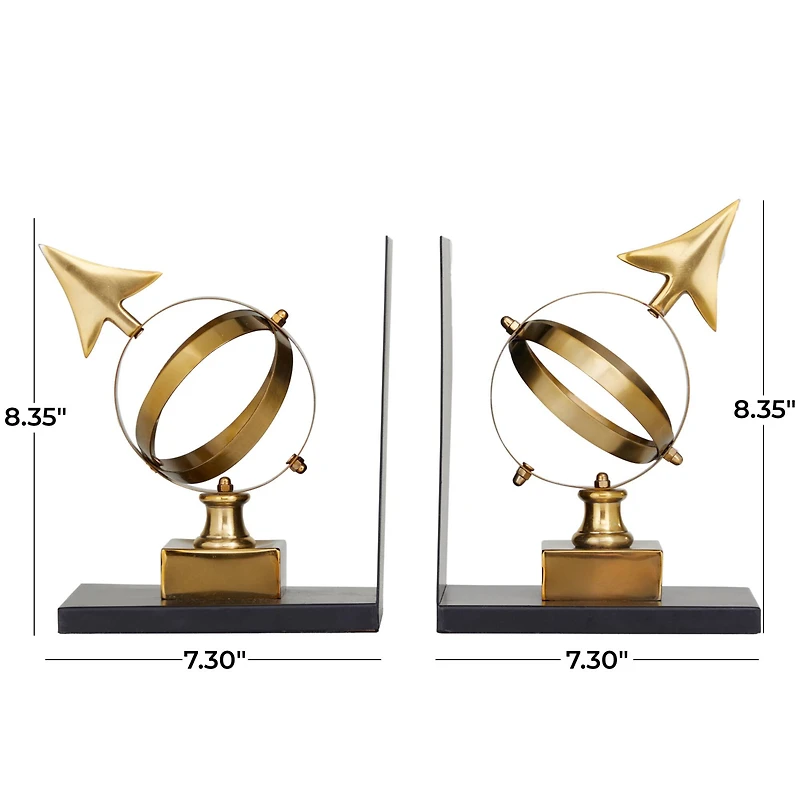 8" Gold Stainless Steel Armillary Bookends with Black Bases Set