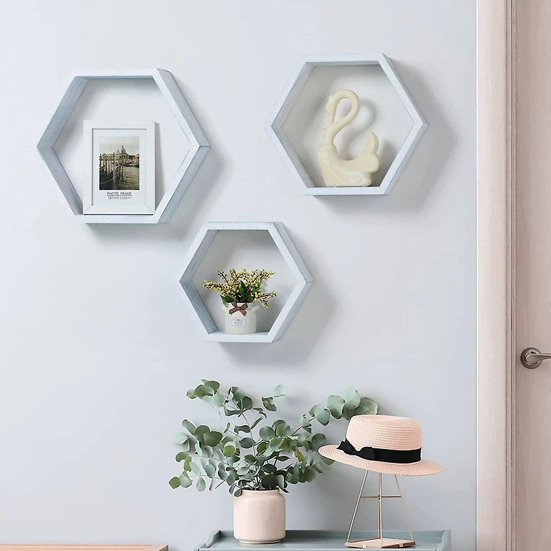NEX™ Blue Whitewash Wall-Mounted Rustic Hexagon Honeycomb Hanging Shelf Set