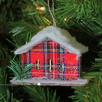 4.5" Frosted & Glittered Red & White Plaid Snow Covered Cabin Christmas Ornament