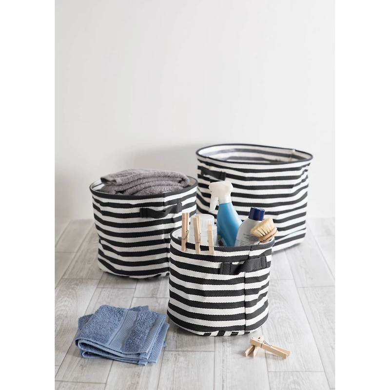 DII® Medium Round Stripes PE-Coated Herringbone Woven Cotton Laundry Bin