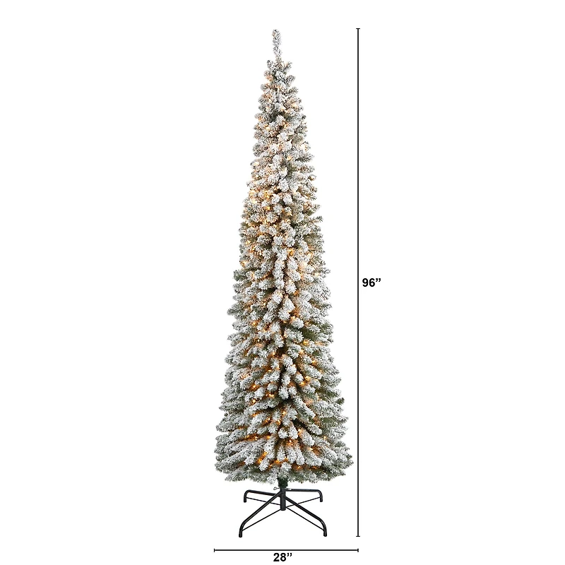 8ft. Pre-Lit Flocked Pencil Artificial Christmas Tree with Clear LED Lights