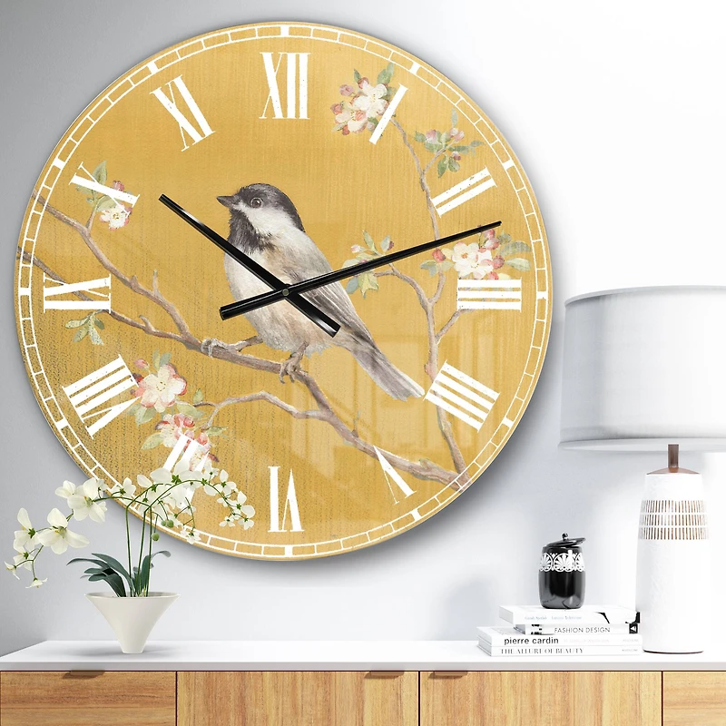 Designart 'Gold Bird On Blossoms Iv Farmhouse Wall Clock
