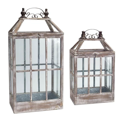 Brown and White Wood, Metal & Glass Lantern Set, 22.75'' & 31.5''