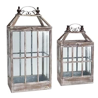 Brown and White Wood, Metal & Glass Lantern Set, 22.75'' & 31.5''