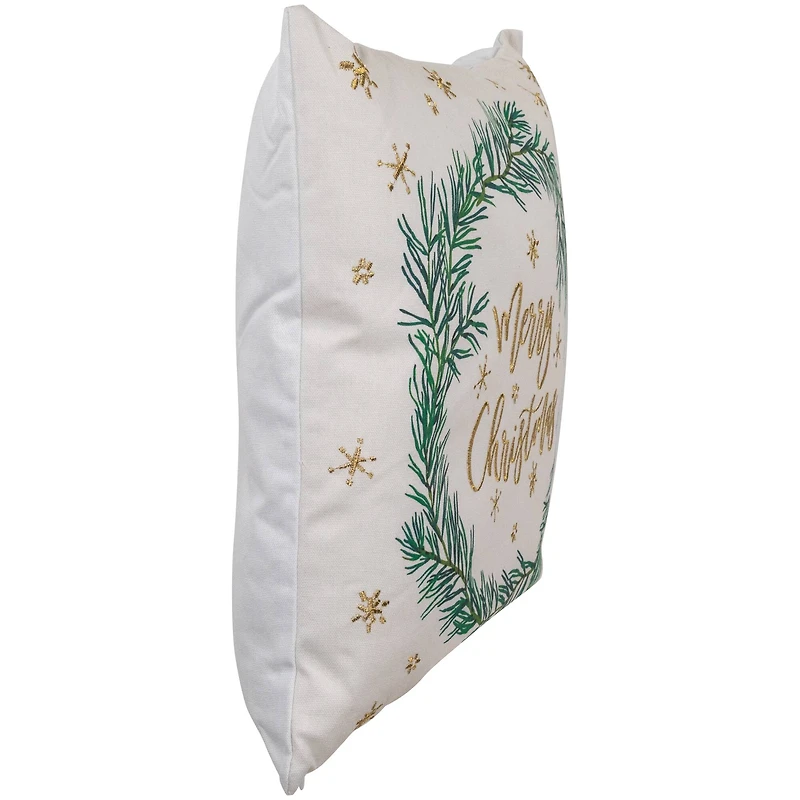 18" Embroidered "Merry Christmas" Wreath Cotton Square Throw Pillow