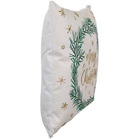 18" Embroidered "Merry Christmas" Wreath Cotton Square Throw Pillow