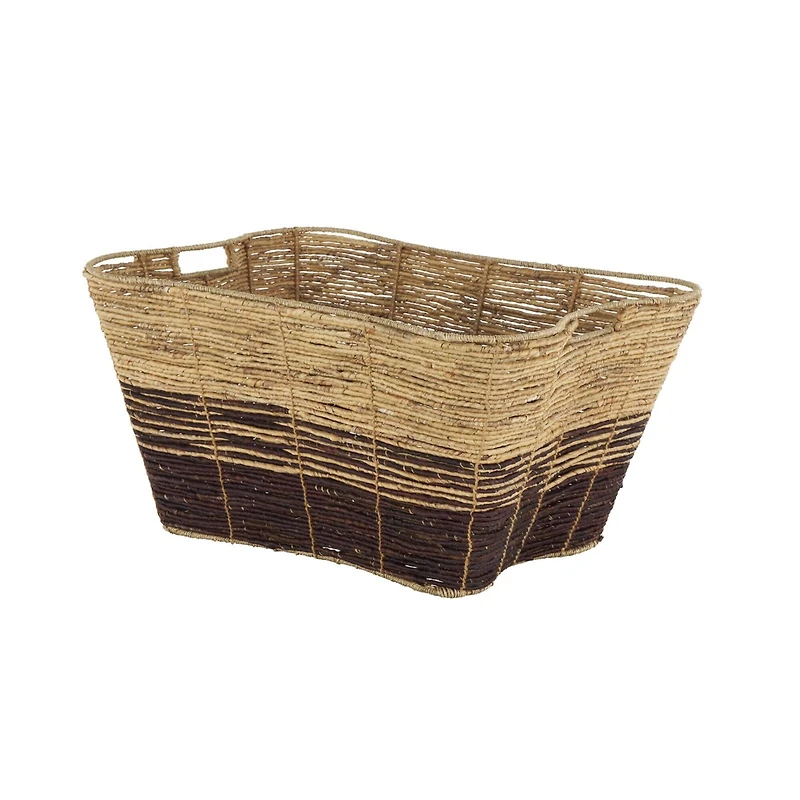 30" Brown Seagrass Handmade Oversized Color Block Storage Basket with Slot Handles