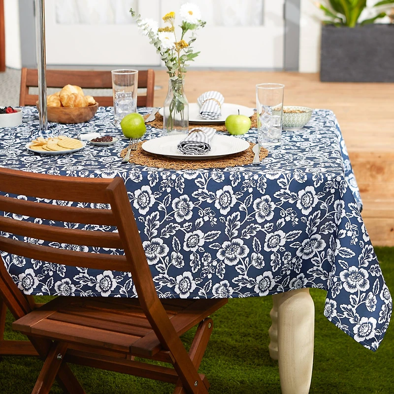 Nautical Blue Floral Print Outdoor Tablecloth