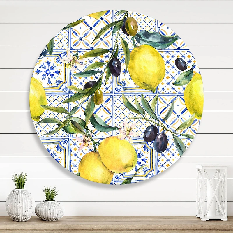 Designart - Lemon Ornament On Blue Geometrical Pattern III