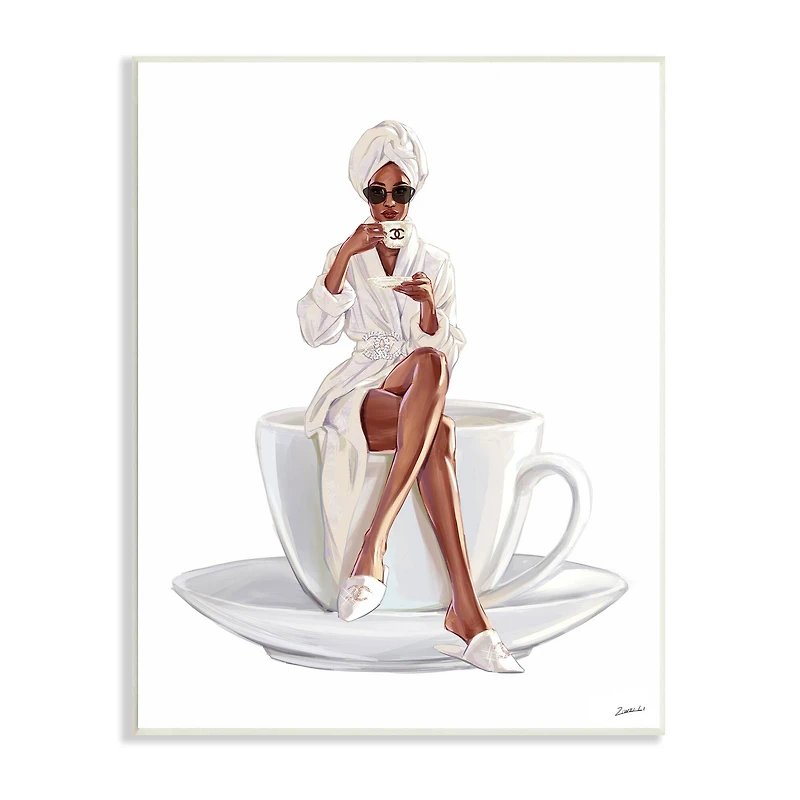 Stupell Industries Chic Coffee Teacup Woman Sipping Robe Sunglasses Wall Plaque Art