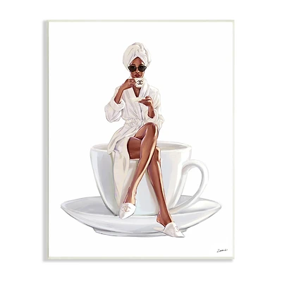 Stupell Industries Chic Coffee Teacup Woman Sipping Robe Sunglasses Wall Plaque Art