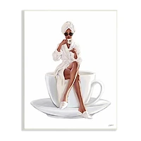 Stupell Industries Chic Coffee Teacup Woman Sipping Robe Sunglasses Wall Plaque Art