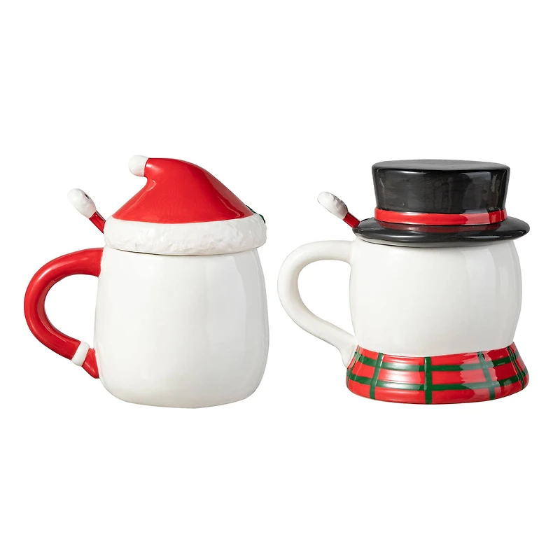 Glitzhome® Christmas Ceramic Santa & Snowman Mug with Lid & Spoon Set