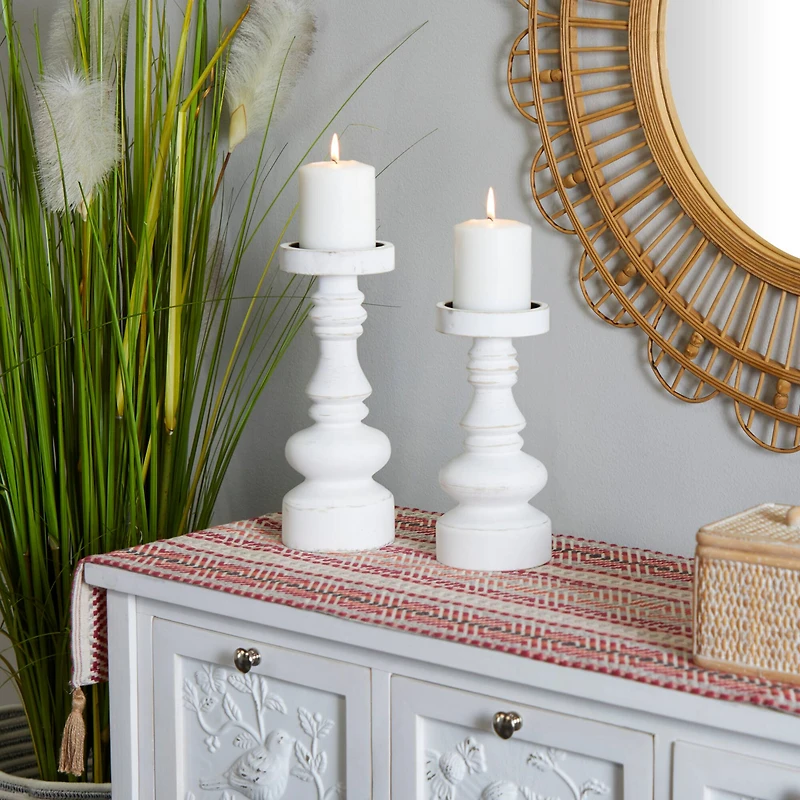 The Novogratz White Wood Turned Style Pillar Candle Holder Set