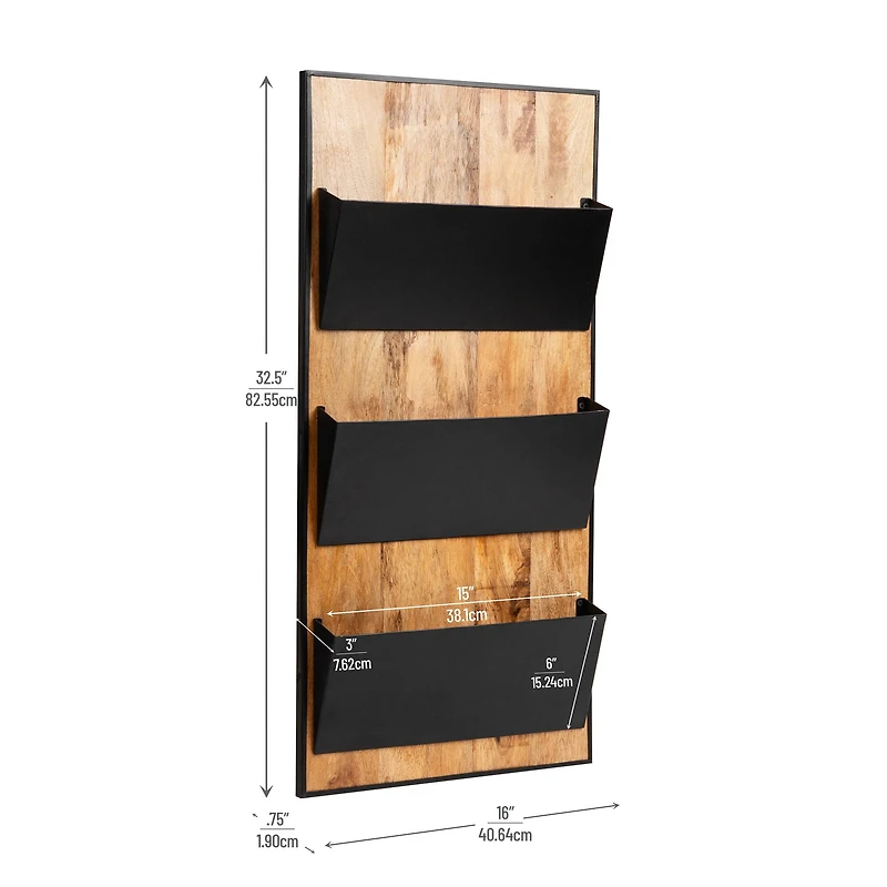 Mind Reader 3-Tier Wall-Mounted File Organizer, Wood and Metal Vertical Rack for Mail, Magazines, and Documents, Black