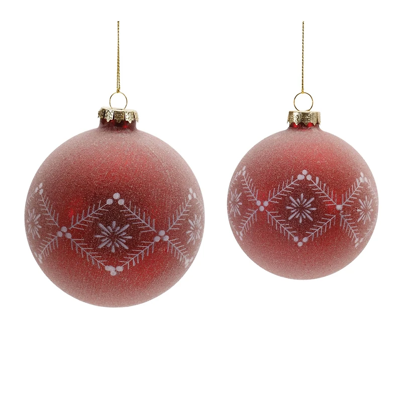 6 Pack Red Etched Frosted Glass Ball Ornaments