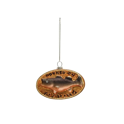Hand Painted Glass Fish Ornament with Glitter and Hooked on Fishing Text