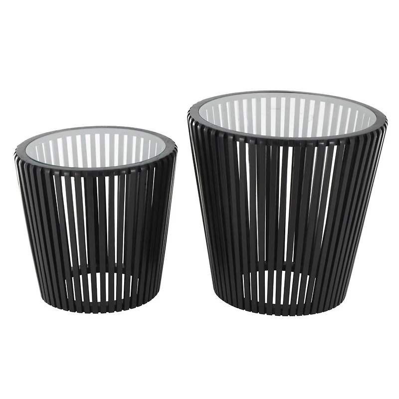 Black Wood Cage Inspired Accent Table with Clear Glass Tabletop Set