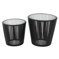 Black Wood Cage Inspired Accent Table with Clear Glass Tabletop Set