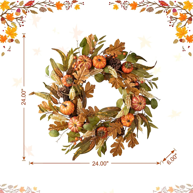 Glitzhome® 24" Fall Pumpkin Leaf Floral Wreath