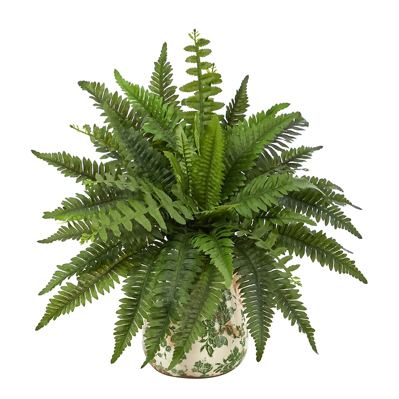 15" Boston Fern Artificial Plant with Tuscan Ceramic Green Scroll Planter